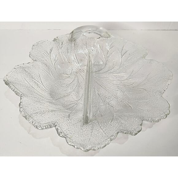 Vintage Clear Pressed Glass Leaf Divided Relish Dish w Handle – MCM Serving Tray - Picture 1 of 7